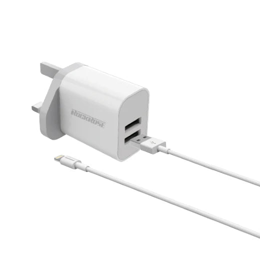 RockRose RRTCC02MUK Casa A2 Combo Dual Port 12W Max Power Adapter With UK Plug and Cable Charge & Sync Cable - روك روز كاسا اي 2 كومبو محول طاقة ثنائي المنافذ 12 واط ماكس كابل شحن ومزامنة