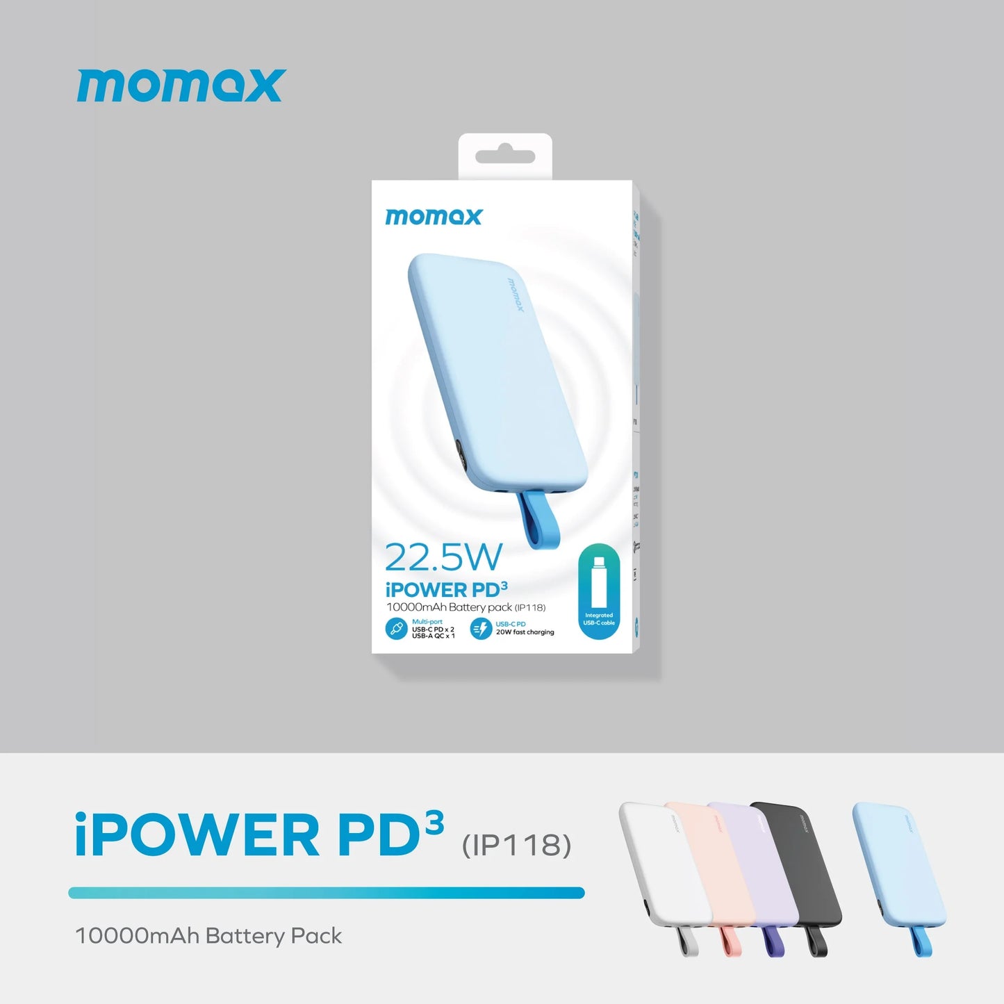 Momax iPower PD3 Power Bank 10000mAh, integrated Type-C Cable, 22.5W Fast Charging - بطارية موماكس اي بور PD3 المحمولة 10000 مللي امبير, كيبل موصول Type-C, شحن سريع 22.5 واط