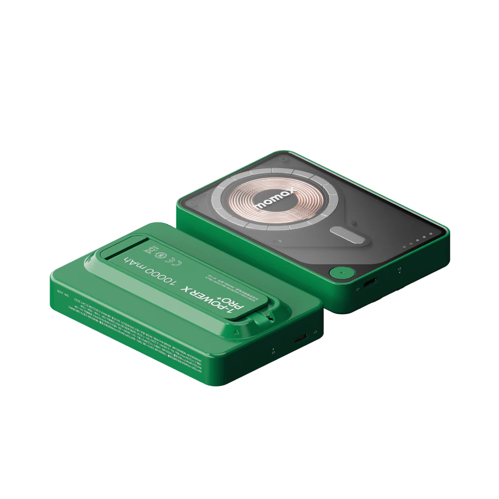 Momax Power X Pro+ 10000mAh Magnetic Wireless Battery Pack with Stand & Built-in USB-C Cable | MagSafe Compatible - باور بانك موماكس بور اكس برو بلس بسعة 10000 مللي امبير مغناطيسي لاسلكي مع مسند وكيبل USB-C مدمج, متوافق مع ماج سيف