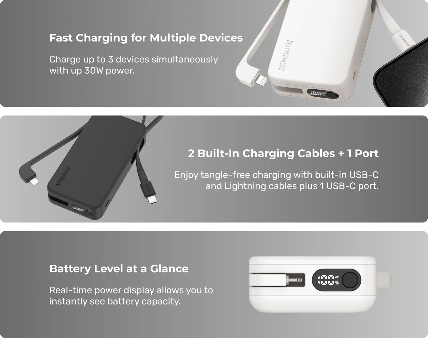 Momax Power Vital+ 10000mAh Battery Pack with Built-in USB-C and Lightning Cables - باور بانك موماكس بور فايتل بلس بسعة 10000 مللي امبير مع كيبل USB-C و لايتتنغ مدمجين يدعمون الشحن السريع