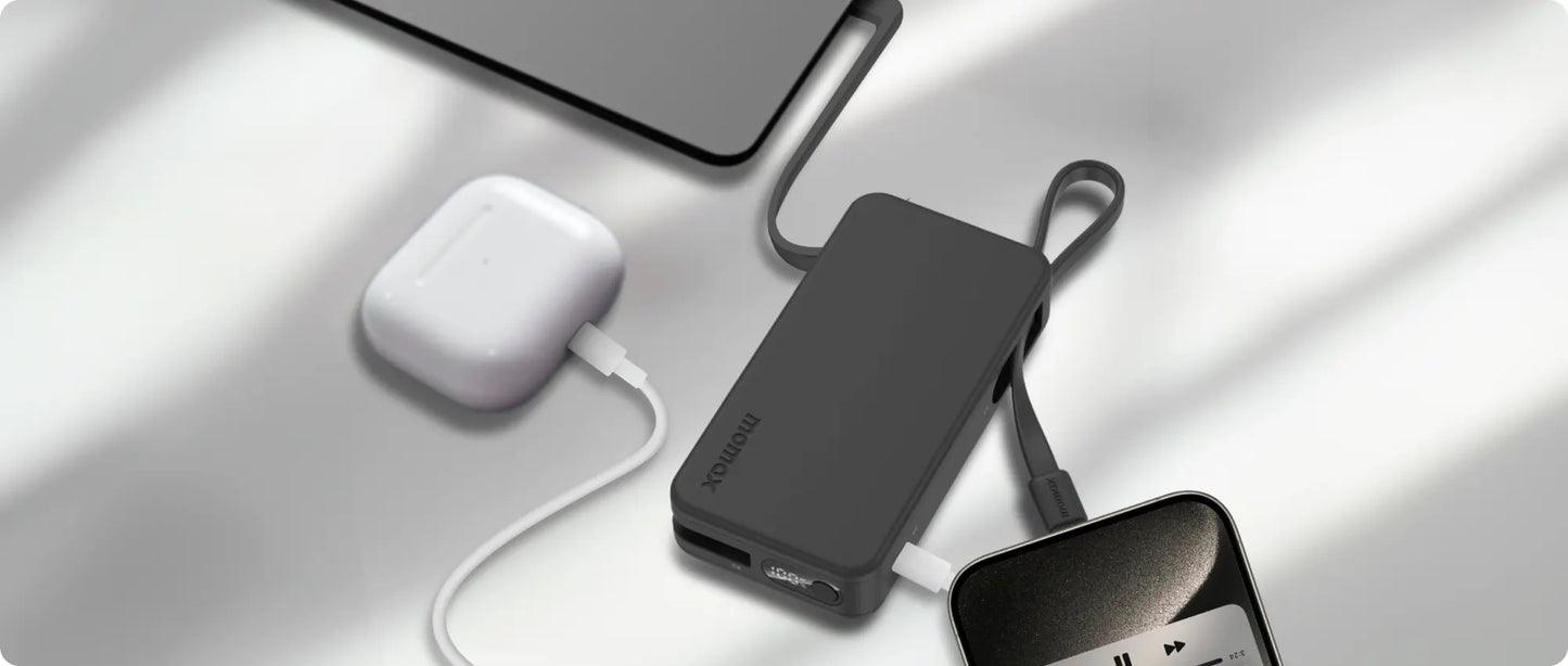Momax Power Vital+ 10000mAh Battery Pack with Dual Built-in USB-C Cables and Fast Charging - باور بانك موماكس بور فايتل بلس بسعة 10000 مللي امبير مع كابلين USB-C مدمجين تدعم الشحن السريع