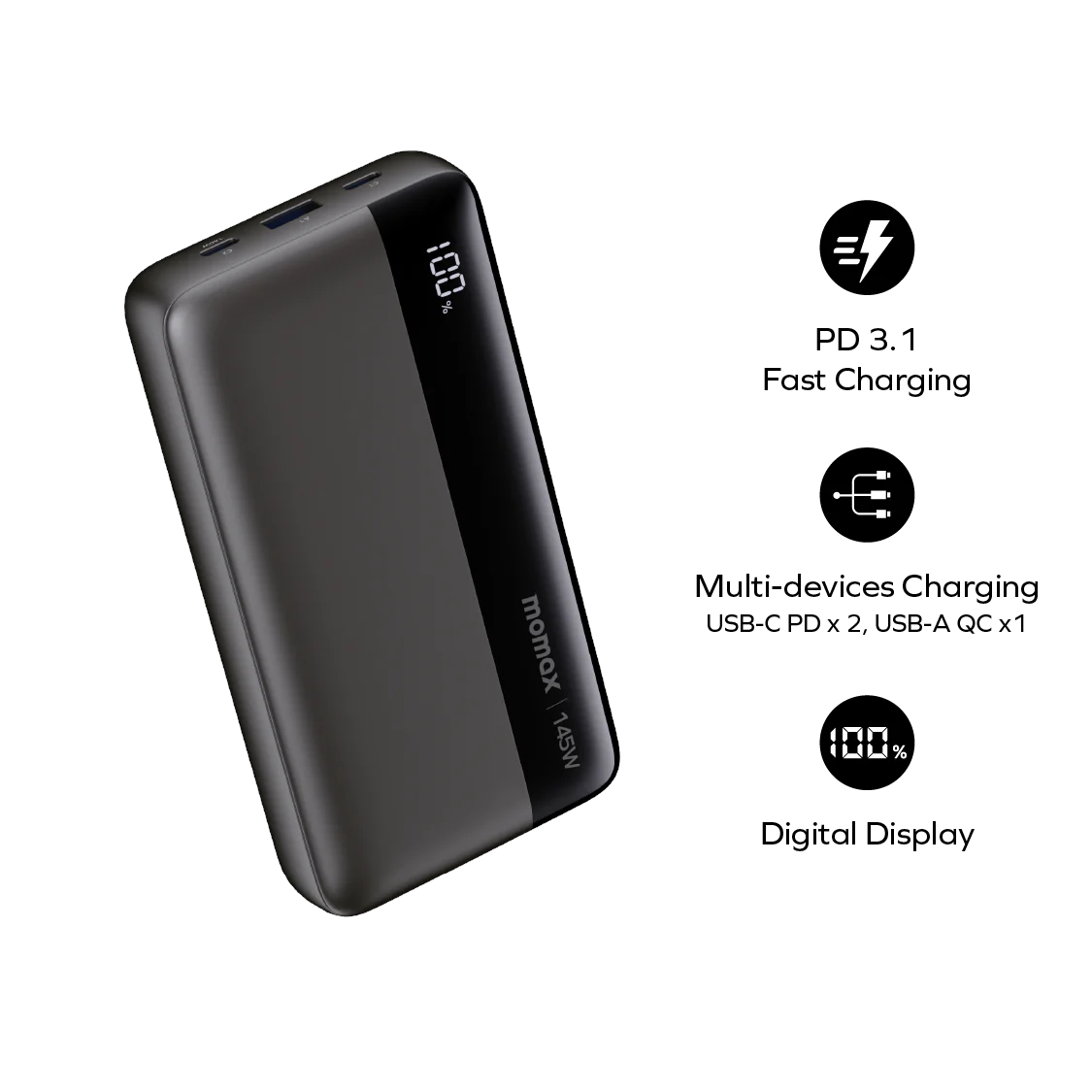 Momax Power 25000mAh 145W PD Fast Charging External Battery Pack - باور بانك مورماكس بور بسعة 25000 مللي امبير يدعم شحن سريع 145 واط