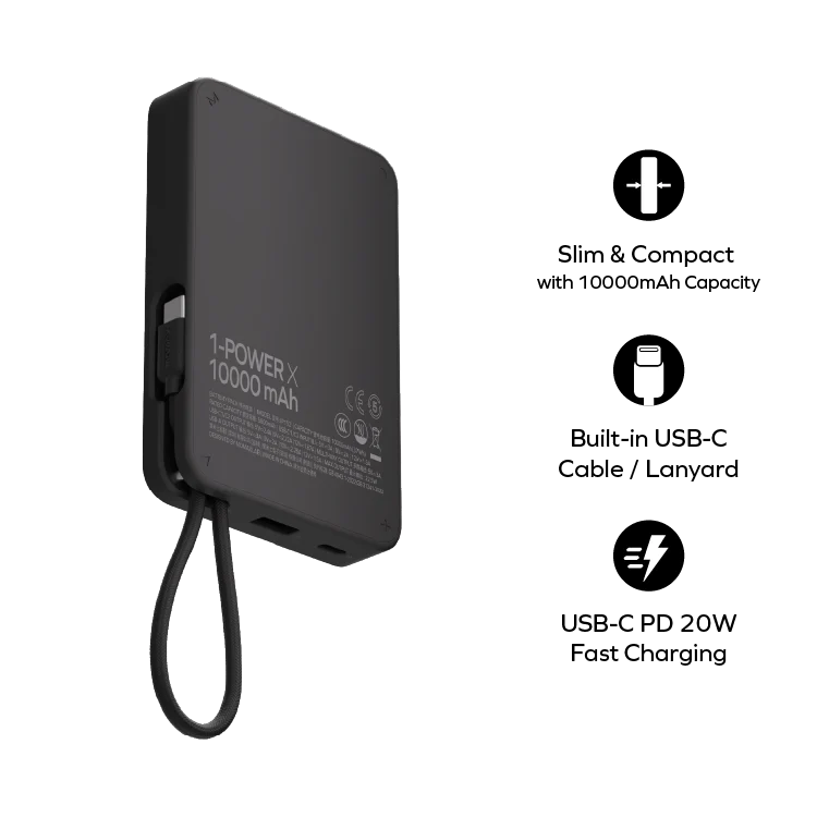 Momax Power X 10000mAh Battery Pack with Built-in USB-C Cable - باور بانك موماكس بور اكس بسعة 10000 مللي امبير مع كيبل USB-C مدمج يدعم الشحن السريع