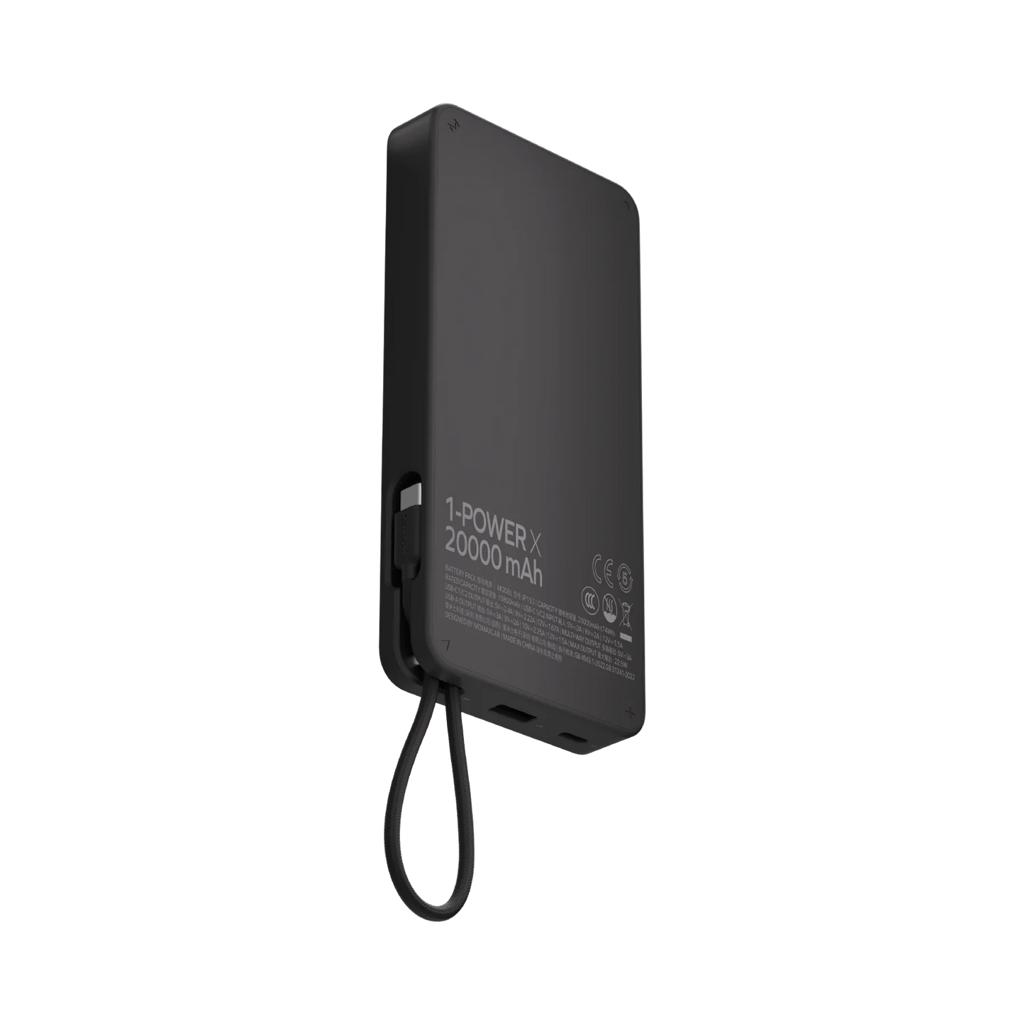 Momax Power X1 20000mAh Battery Pack with Built-in USB-C Cable and Fast Charging - باور بانك موماكس بور اكس 1 بسعة 20000 مللي امبير مع كيبل USB-C مدمج يدعم الشحن السريع