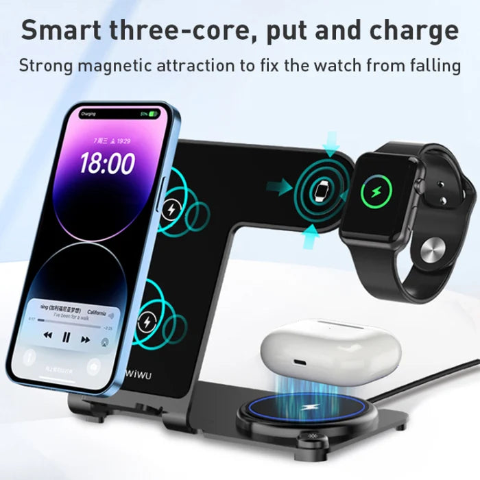 WiWU Power Air 3 in 1 15W Wireless Charger - شاحن ويرلس بقدرة 15 واط 3 في 1 من ويوو