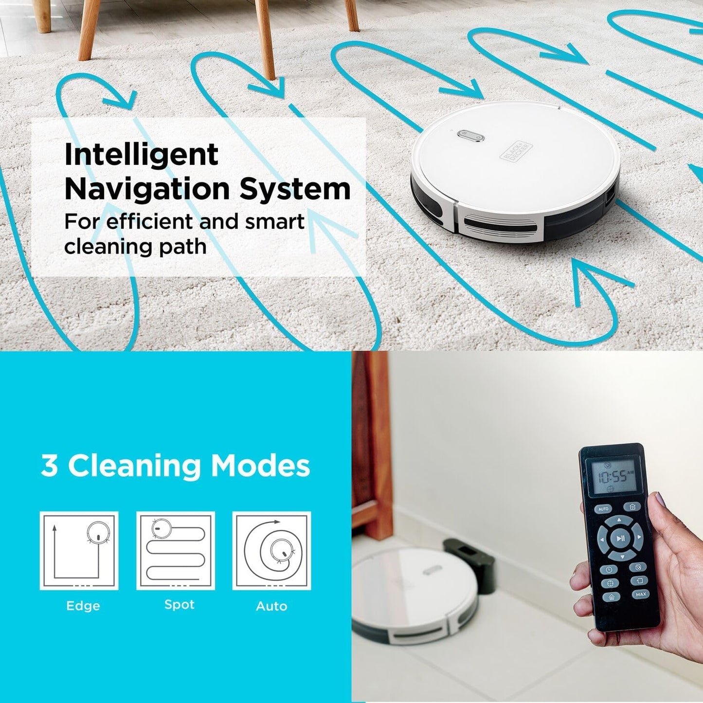 Black+Decker Robotic Vacuum Cleaner and Mop, Support Alexa, 2150Pa Strong Suction Power -مكنسة روبوتية وممسحة بلاك اند ديكر مع دعم الأليكسا، قوة شفط 2150 باسكال