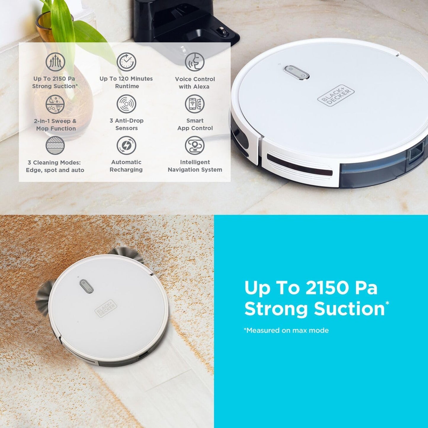Black+Decker Robotic Vacuum Cleaner and Mop, Support Alexa, 2150Pa Strong Suction Power -مكنسة روبوتية وممسحة بلاك اند ديكر مع دعم الأليكسا، قوة شفط 2150 باسكال