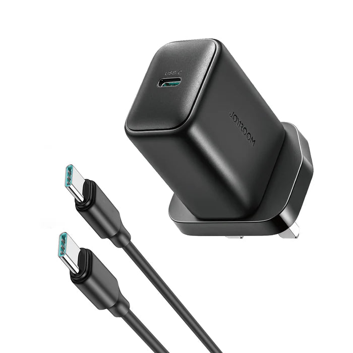 شاحن جداري جويرووم JR-TCF23 بقدرة شحن 25 واط مع كيبل تايب سي الى تايب سي مدمج بطول 1 متر - اسود | JOYROOM JR-TCF23 25W PD Charger with 1m C to C Cable – Black