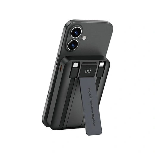 باور بانك ويوو بسعة 10000 مللي امبير مع شحن سريع 22.5 واط وكيبل لايتننغ وتايب سي مدمجين مع مسند | WiWU Duke Wi-P061 10000mAh Power Bank, 22.5W Fast Charging with Built-in Type-C & Lightning Cables and Stand.