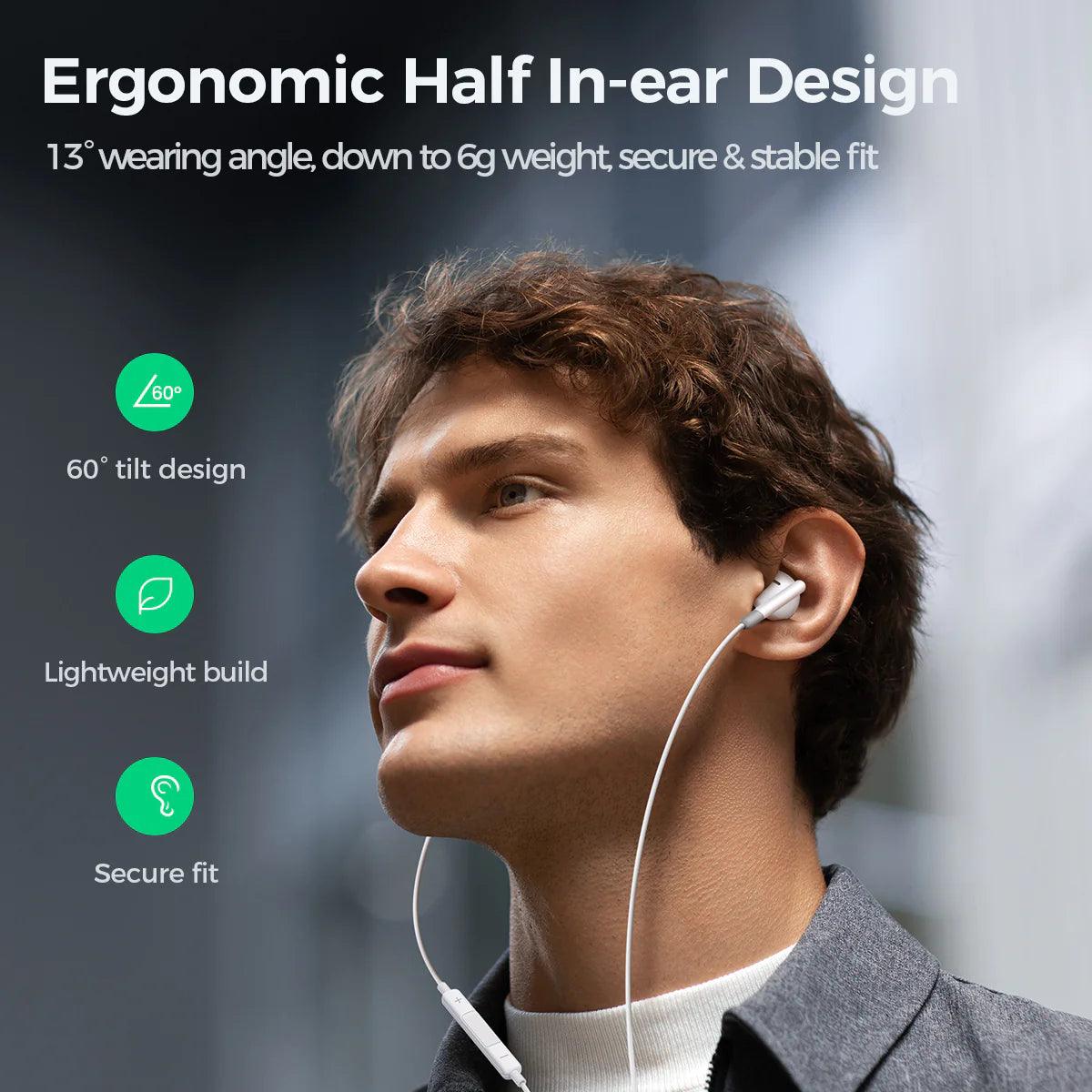 سماعات أذن سلكية من جويرووم بصوت نقي ومريح - أبيض | JOYROOM Wired Half In Ear Earphones Crisp Sound & Comfort - White