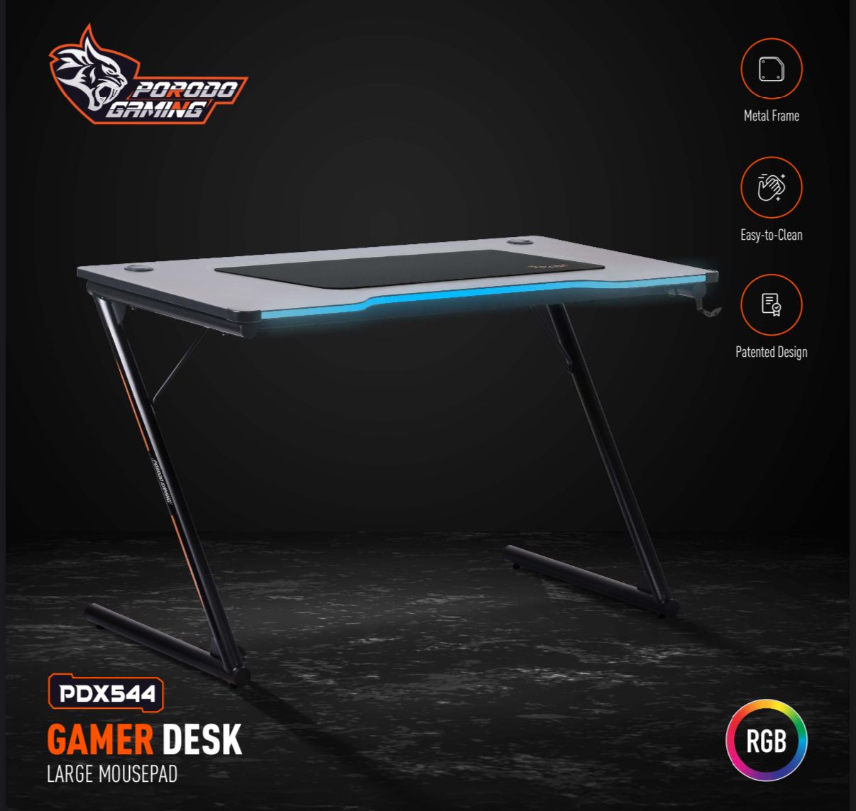 طاولة العاب باضائة RGB LED من بورودو جيمنج, مع ماوس باد العاب - اسود | Porodo Gaming Desk with RGB LED Light with Gaming Mousepad - Black