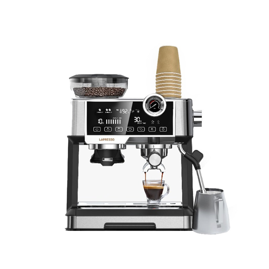 ماكينة القهوة ليبريسو مع مطحنة مدمجة وضغط 19 بار ومضخة ULKA, بسعة 2.5 لتر - فضي | LePresso Coffee Machine with Coffee Grinder 19 Bar ULKA Pump 2.5L - Silver