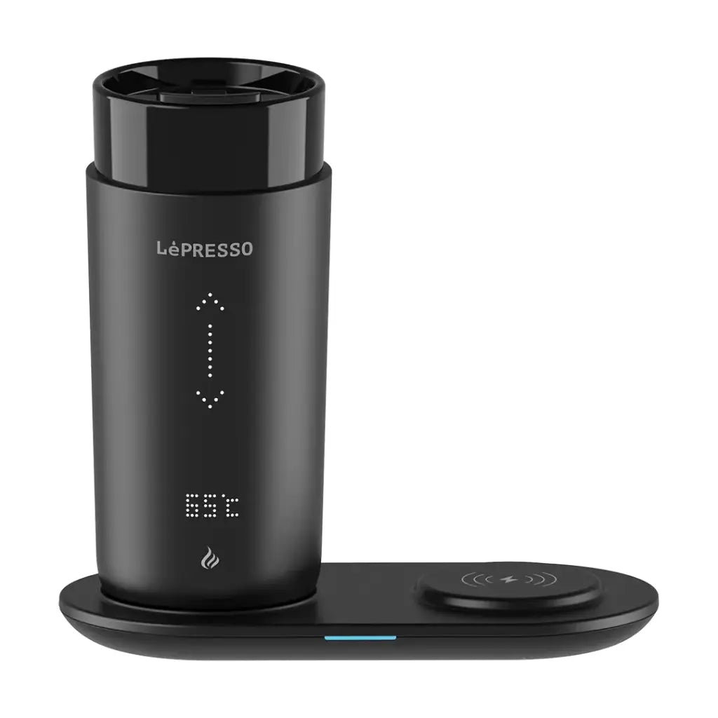كوب ليبريسو الذكي للسفر لتسخين المشروبات بسعة 355 مل مع قاعدة شحن لاسلكية - اسود | LePresso Travel Heated Mug 12oz with Wireless Charging Pad - Black