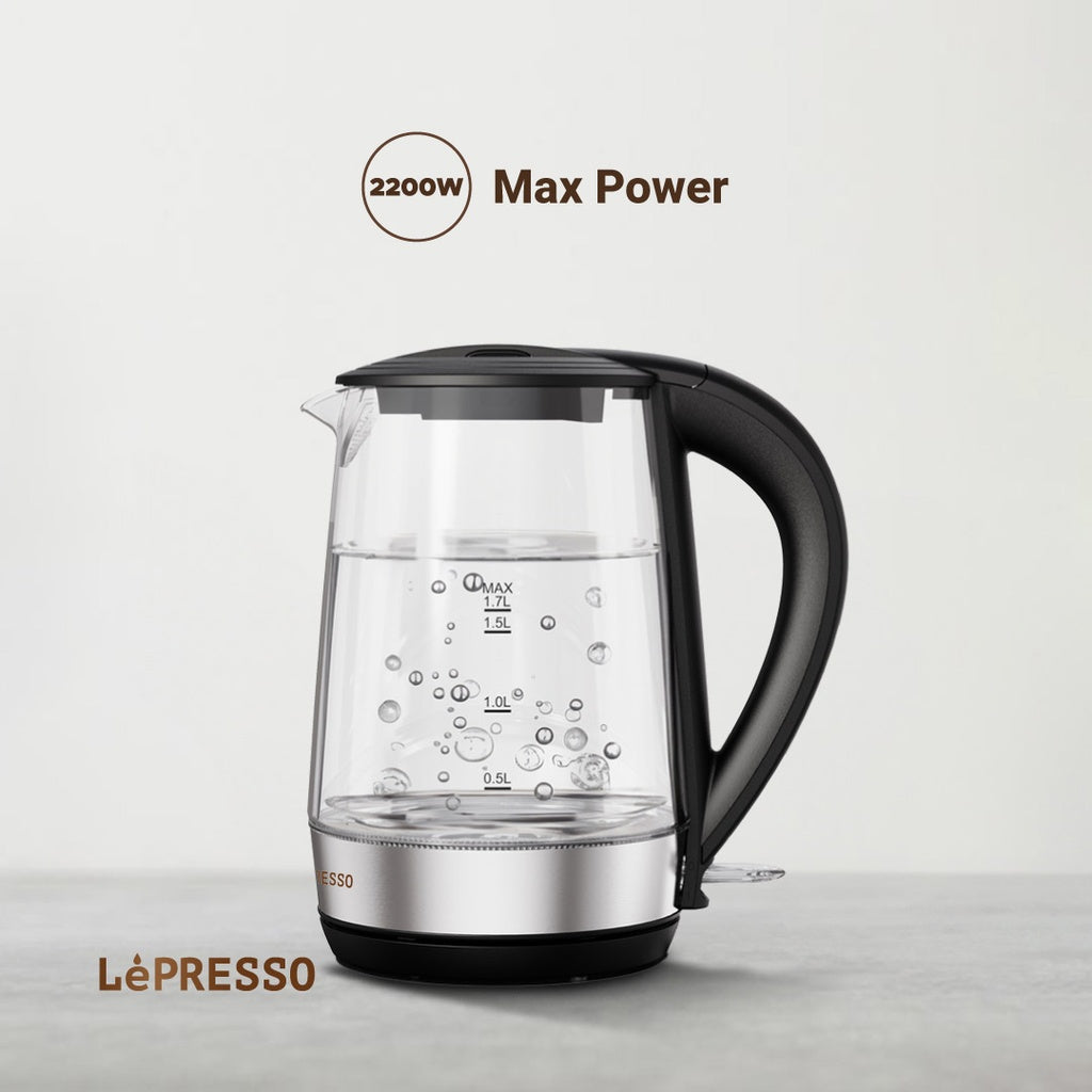 LePresso 360 Transparent Quick-Boil Glass Kettle 1.7L 2200W Black - غلاية ليبريسو الزجاجية الشفافة السريعة الغليان 360 درجة – 1.7 لتر، 2200 واط