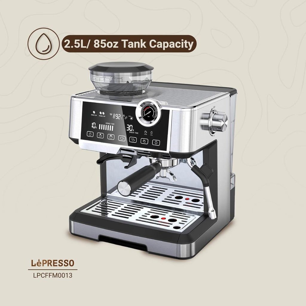 ماكينة القهوة ليبريسو مع مطحنة مدمجة وضغط 19 بار ومضخة ULKA, بسعة 2.5 لتر - فضي | LePresso Coffee Machine with Coffee Grinder 19 Bar ULKA Pump 2.5L - Silver
