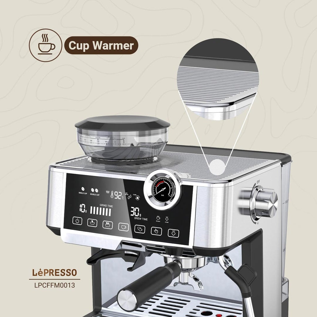 ماكينة القهوة ليبريسو مع مطحنة مدمجة وضغط 19 بار ومضخة ULKA, بسعة 2.5 لتر - فضي | LePresso Coffee Machine with Coffee Grinder 19 Bar ULKA Pump 2.5L - Silver