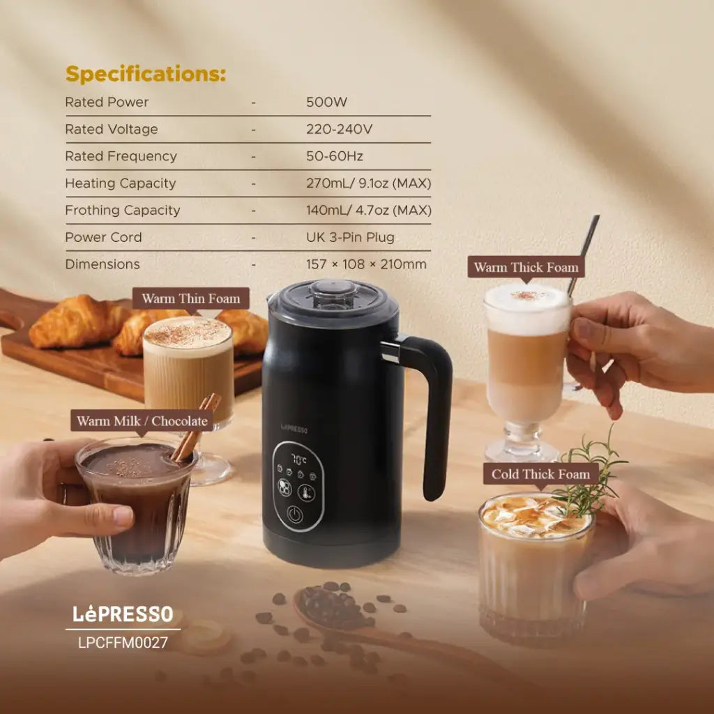 خفاق الحليب الكهربائي متعدد الوظائف من ليبريسو بقدرة 500 واط  – أسود | LePresso 500W Electric Multifunction Milk Frother - Black