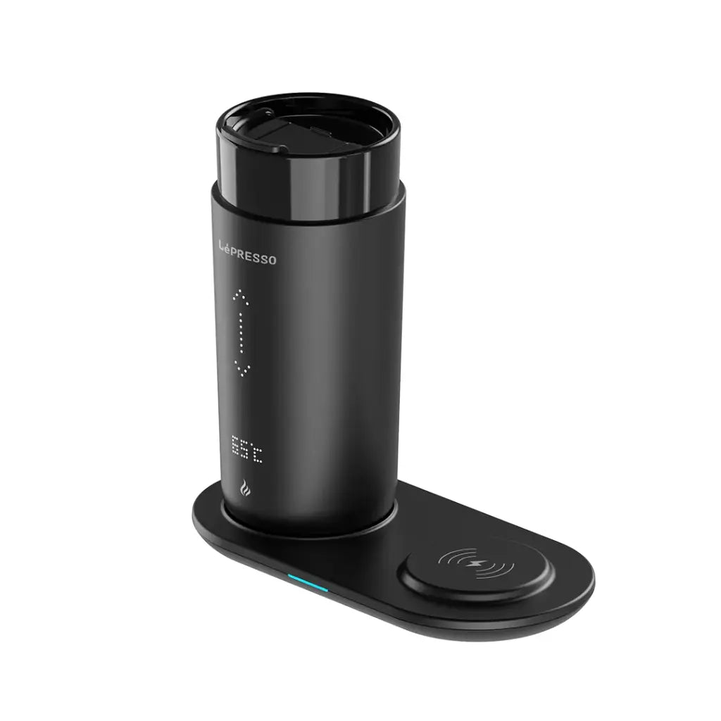 كوب ليبريسو الذكي للسفر لتسخين المشروبات بسعة 355 مل مع قاعدة شحن لاسلكية - اسود | LePresso Travel Heated Mug 12oz with Wireless Charging Pad - Black