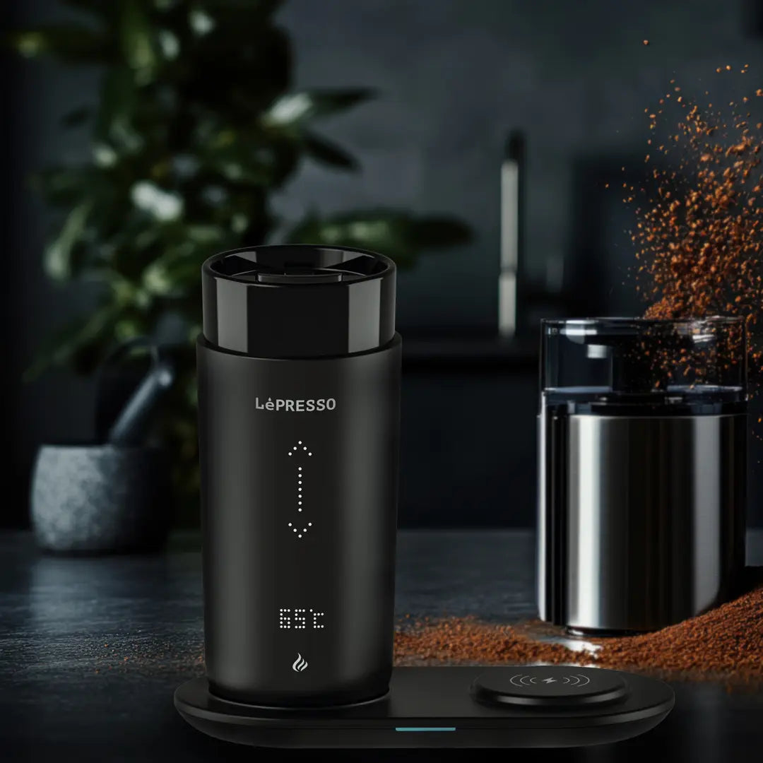 كوب ليبريسو الذكي للسفر لتسخين المشروبات بسعة 355 مل مع قاعدة شحن لاسلكية - اسود | LePresso Travel Heated Mug 12oz with Wireless Charging Pad - Black