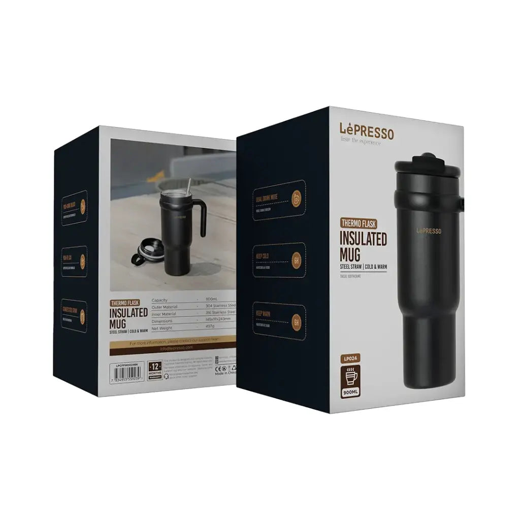 Lepresso Coffee Mug with Stainless Straw 900ml Black - كوب قهوة ليبريسو مع شاليمو من الستانلس ستيل 900 مل