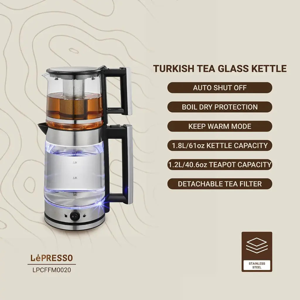 LePresso 1.8L Electric Kettle with 1.2L Turkish Tea Maker - غلاية وشاي تركي ليبريسو 1.8لتر تصميم أنيق وأداء عالي