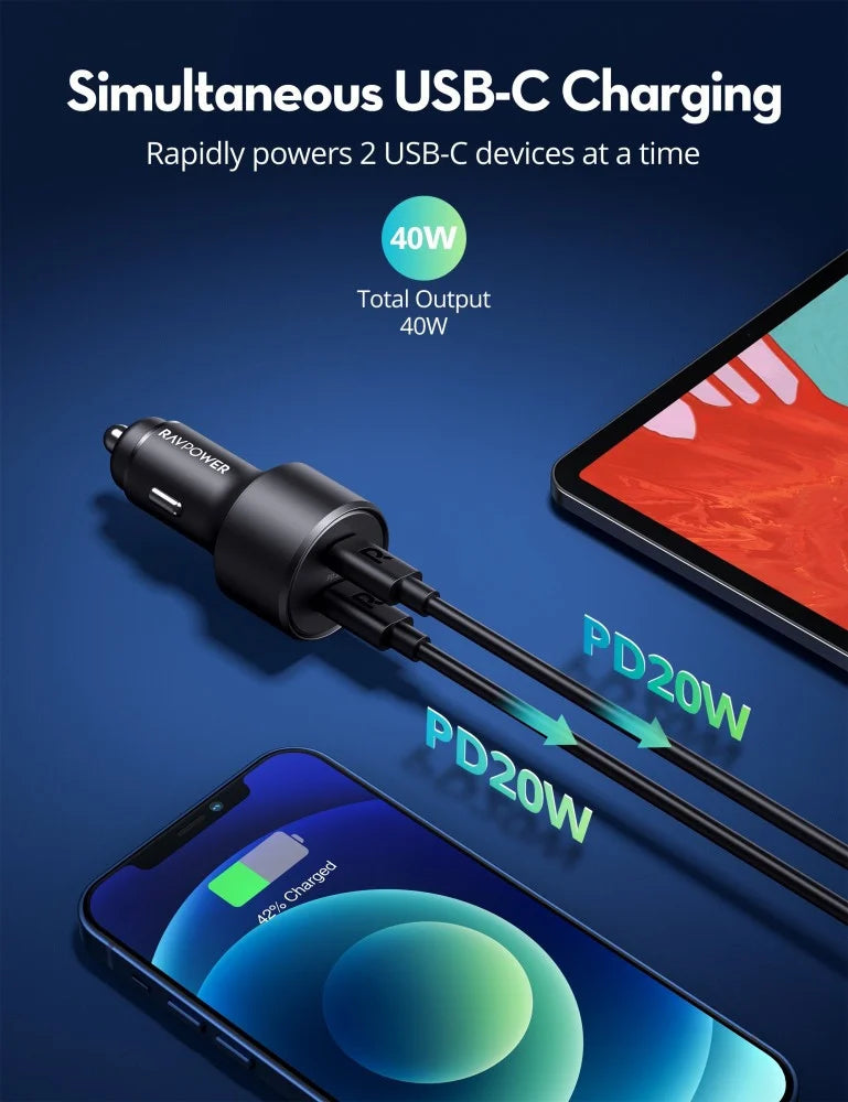 شاحن سيارة بقدرة 40 واط مع منفذين تايب سي من راف باور - RAVPower PD 40W 2-Port Car Charger