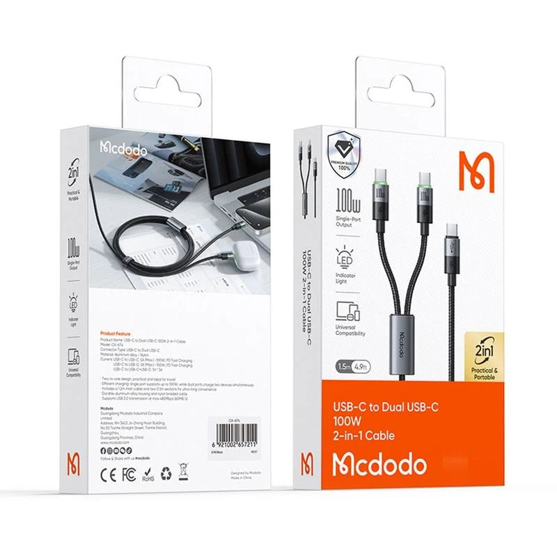 كيبل مكدودو 2 في 1 تايب سي الى عدد 2 تايب سي بقدرة شحن 100 واط وطول 1.5 متر - اسود | Mcdodo CA-6740 2-in-1 USB-C Cable 100W Fast Charging – 1.5m – Black
