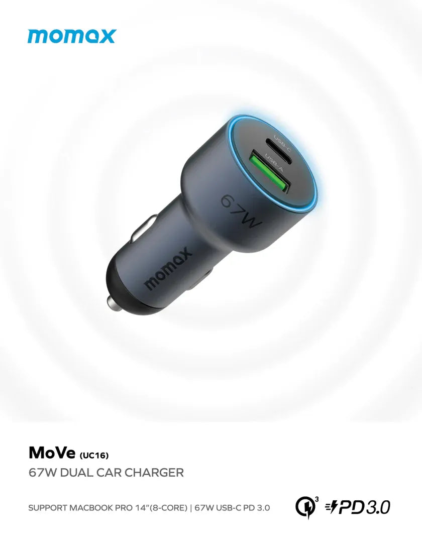 Momax MoVe 67W Dual-Port Car Charger with USB-C to USB-C Cable - شاحن سيارة موماكس موف بقوة 67 واط بمنفذين وكيبل USB-C إلى USB-C