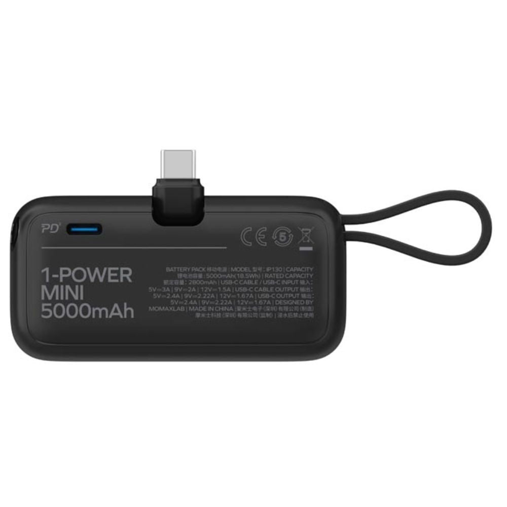 Momax 1-Power Mini, 5000mAh Portable Battery Pack with Built-in Foldable USB-C Plug - بور بانك موماكس 1-بور ميني بسعة 5000 مللي امبير, مع وصلة يو اس بي C قابلة للطي مدمجة