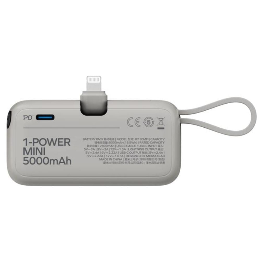 Momax 1-Power Mini, 5000mAh Portable Battery Pack with Built-in Foldable Lightning Connector - باور بانك موماكس 1-بور ميني بسعة 5000 مللي امبير مع وصلة لايتننج للايفون مدمجة