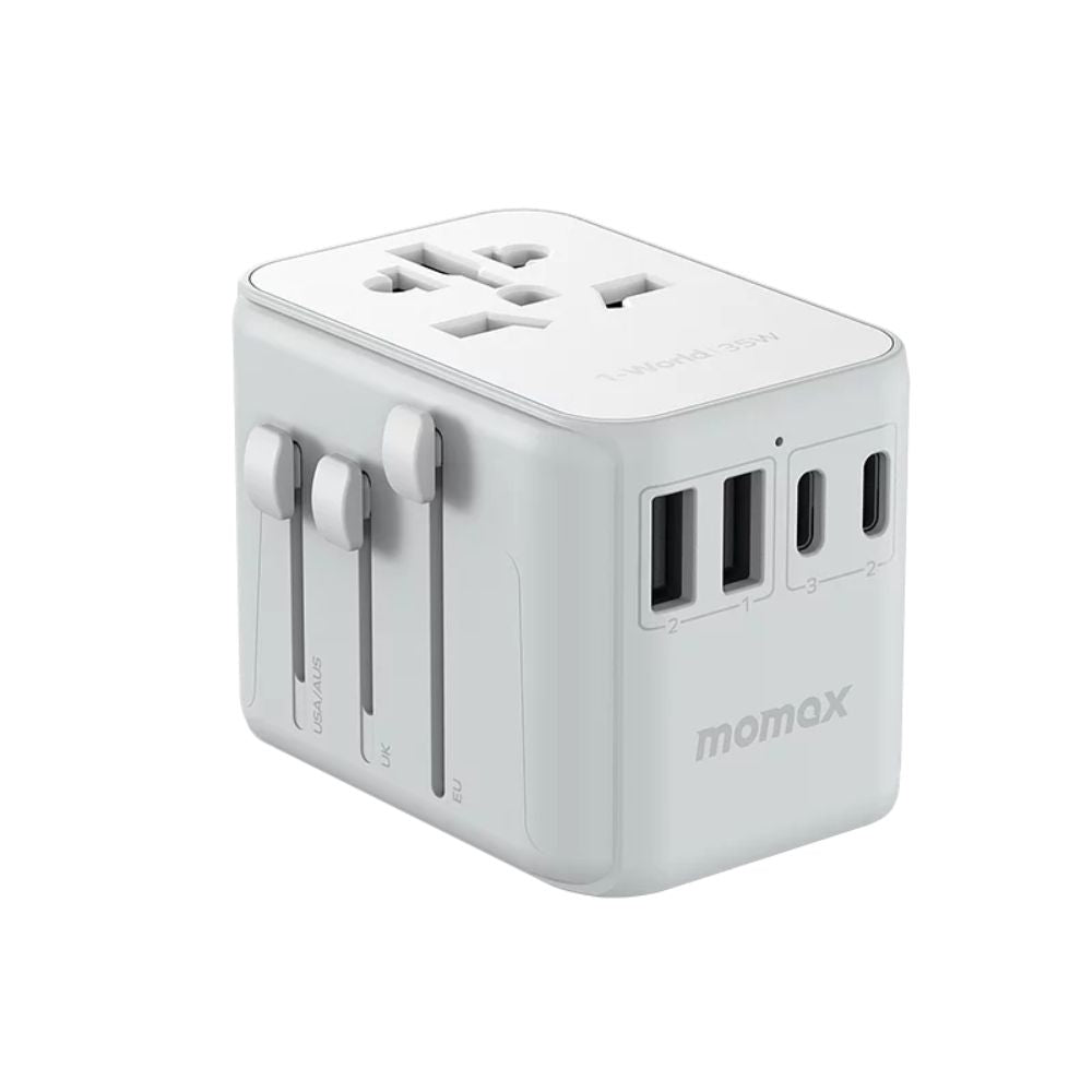 MOMAX International Plug Adapter PD 35W Travel Power Adapter Universal Charger with 3 USB-C + 2 USB-A Ports - شاحن جداري من موماكس بقدرة 35واط و 3 منافذ يو اس بي سي و 2 منافذ يو اس بي أ