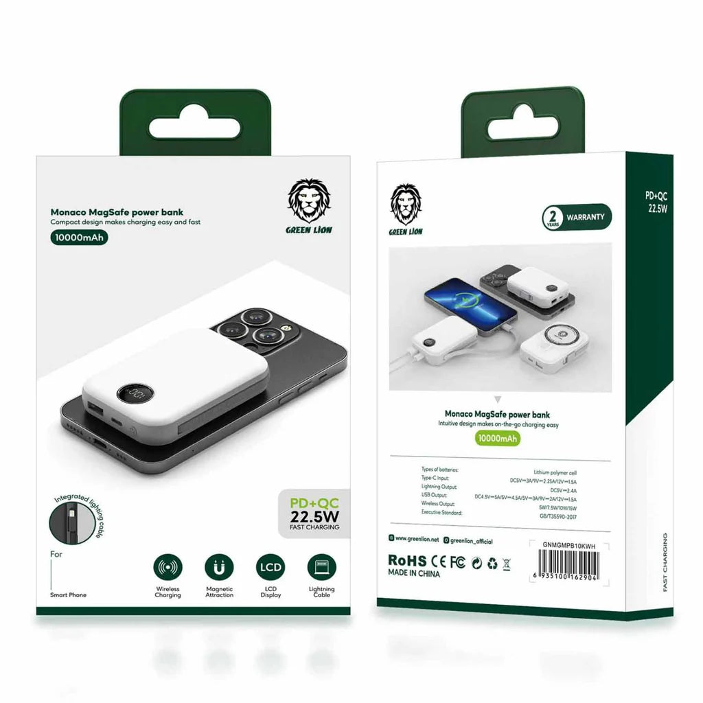باور بانك جرين لايون موناكو متوافق مع ماج سيف بسعة 10,000 مللي أمبير وبقدرة شحن 22.5 واط | Green Lion Monaco MagSafe Power Bank 10000mAh 22.5W