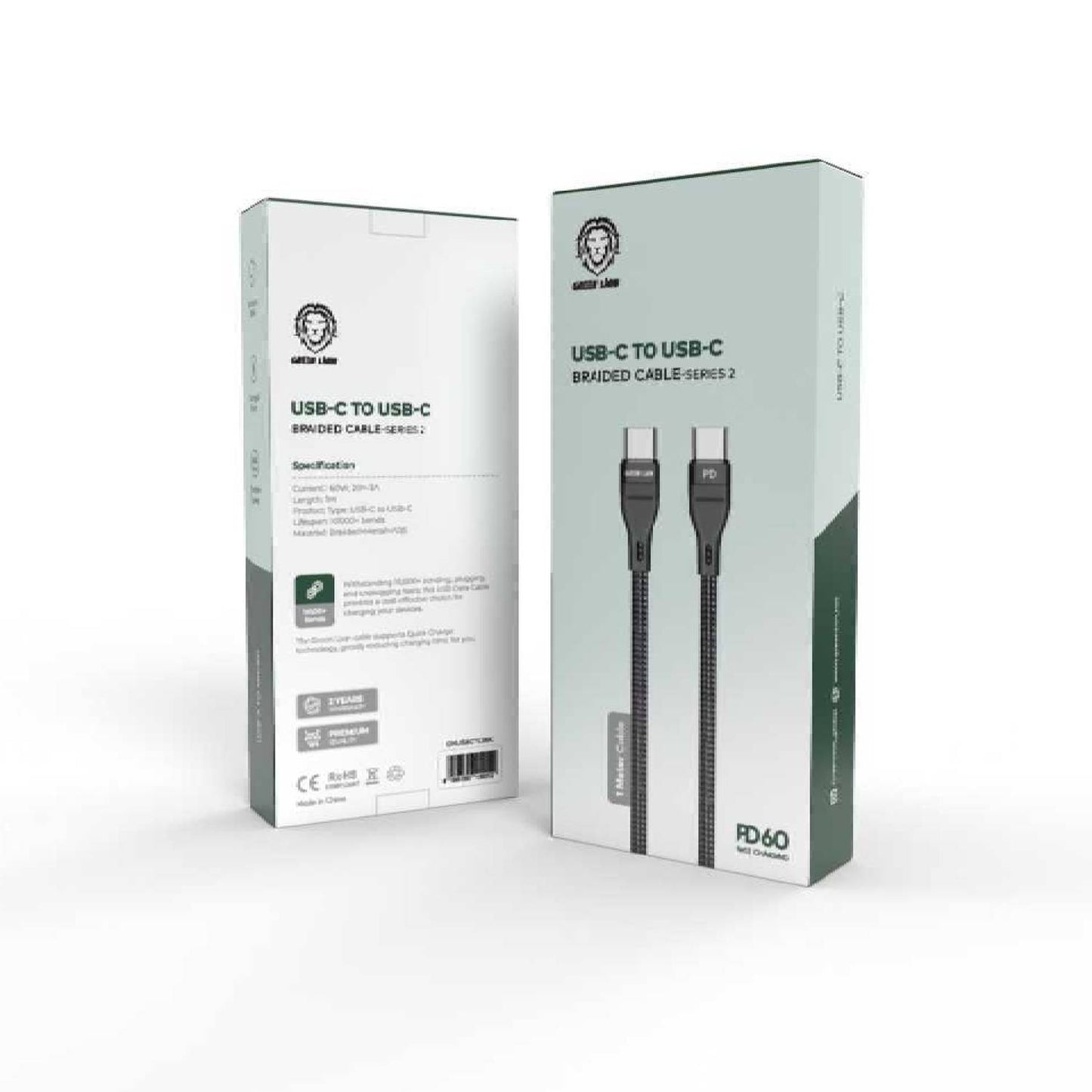 كيبل جرين لايون مضفر يو اس بي سي الى يو اس بي سي بقدرة شحن 60 واط وطول 1 متر - اسود | Green Lion USB-C to USB-C Braided Cable Series-2 1M PD 60W - Black