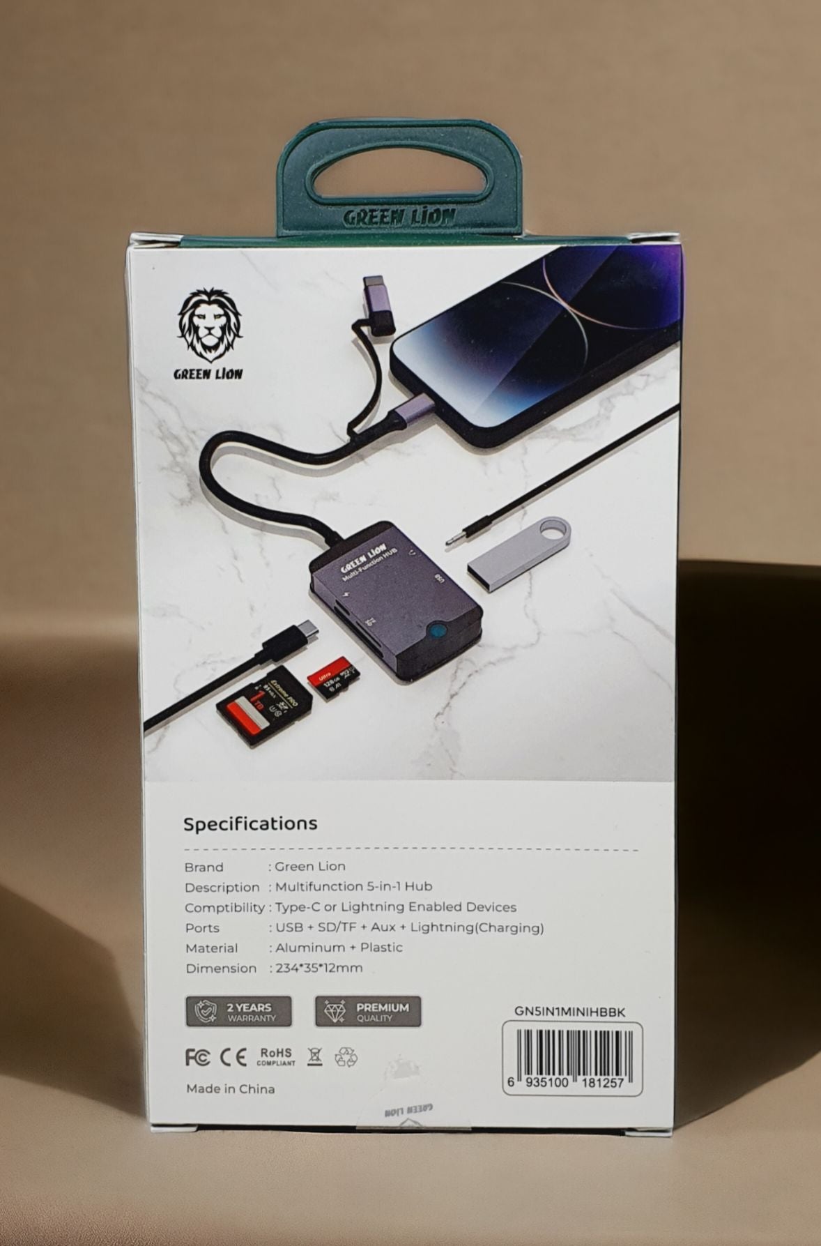 محول جرين لايون 5 في 1 متعدد الوظائف | Green Lion 5 in 1 Mini MultiFunction Hub ( Type-C/Lightning/SD/TF/AUX/USB )