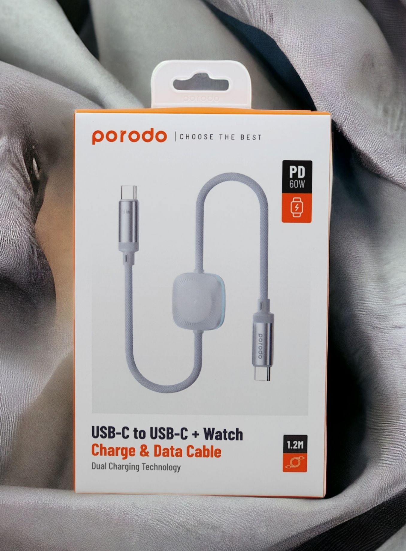 كيبل بورودو 2 في 1 يو اس بي سي الى يو اس بي سي بطول 1.2 متر مع شاحن ساعة لاسلكي 60 واط - ابيض | Porodo 2in1 USB-C to USB-C 60W Cable with Wireless Watch Charger 1.2M – White