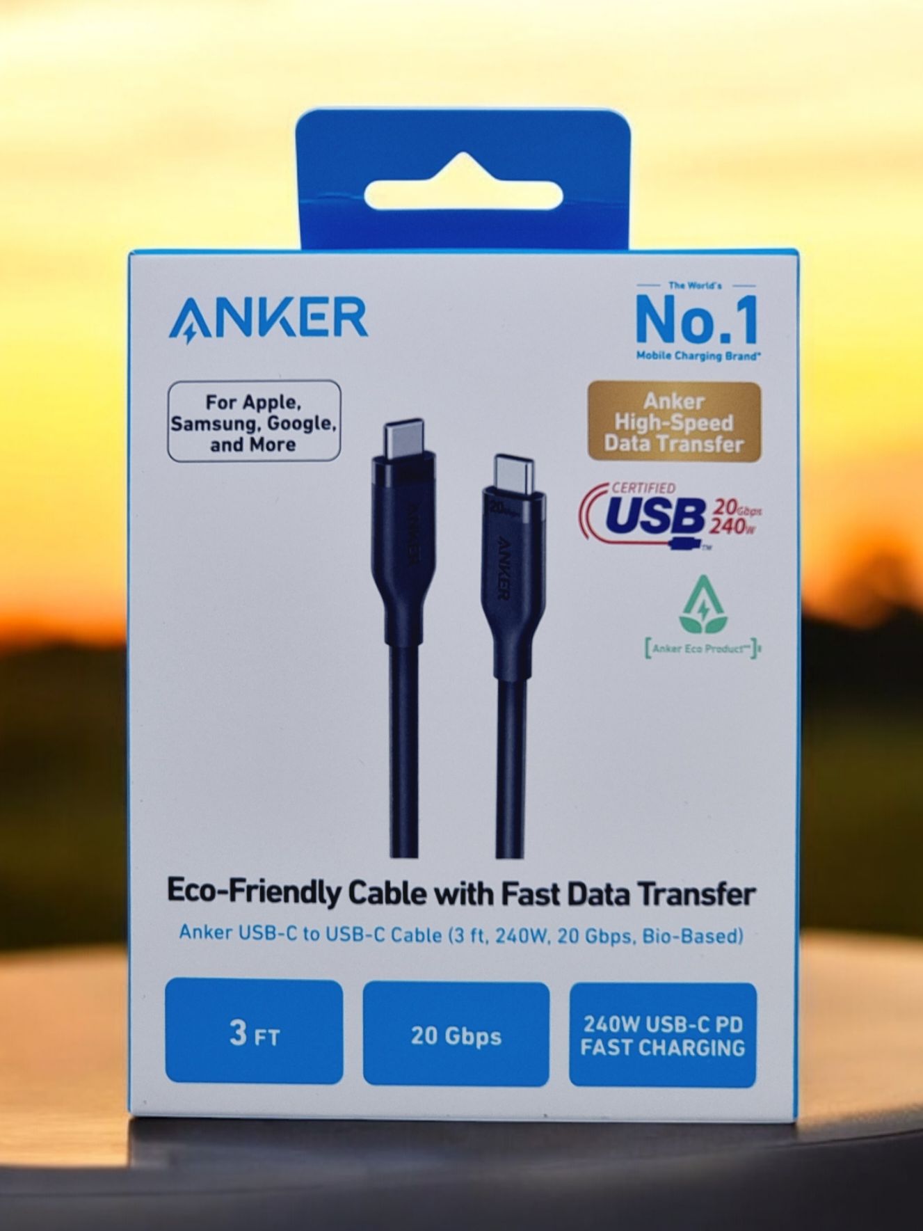 كيبل انكر يو اس بي سي الى يو اس بي سي بسرعة نقل بيانات 20Gbps وقدرة شحن 240 واط, بطول 1 متر | Anker USB-C to USB-C Cable 3ft – 240W, 20Gbps
