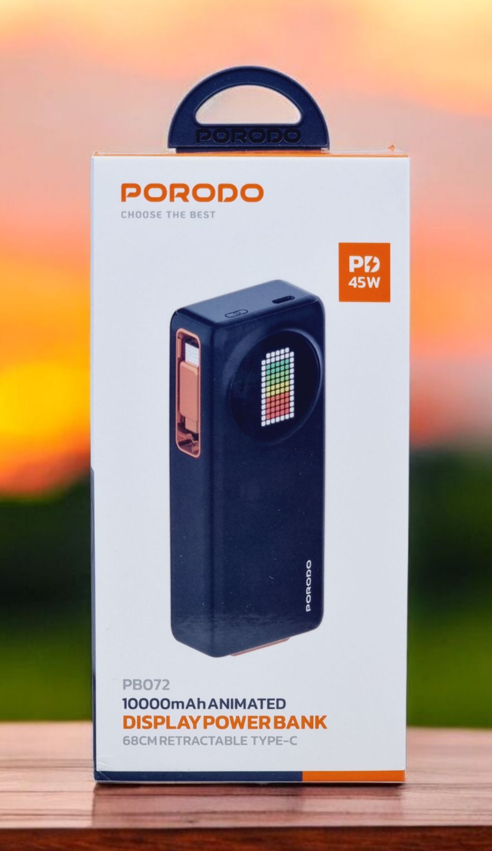 باور بانك بورودو بسعة 10000 مللي امبير, بشاشة عرض متحركة وكيبل تايب سي مدمج قابل للسحب بطول 68 سم | Porodo 10000mAh Animated Display Power Bank 68Cm Retractable Type-C.