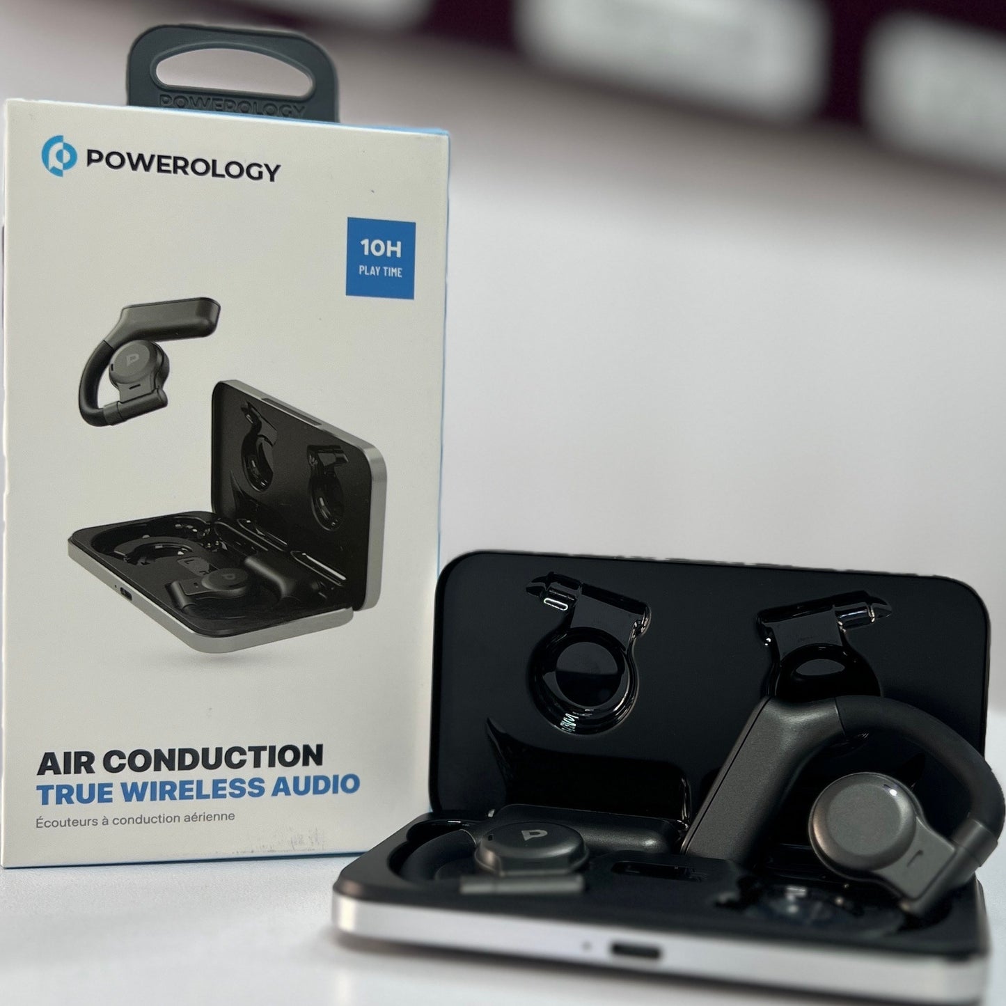 سماعات باورولوجي Air Conduction TWS مع علبة شحن معدنية, تشغيل حتى 10 ساعات - رمادي | Powerology Air Conduction TWS Earbuds, 10H Playtime – Grey