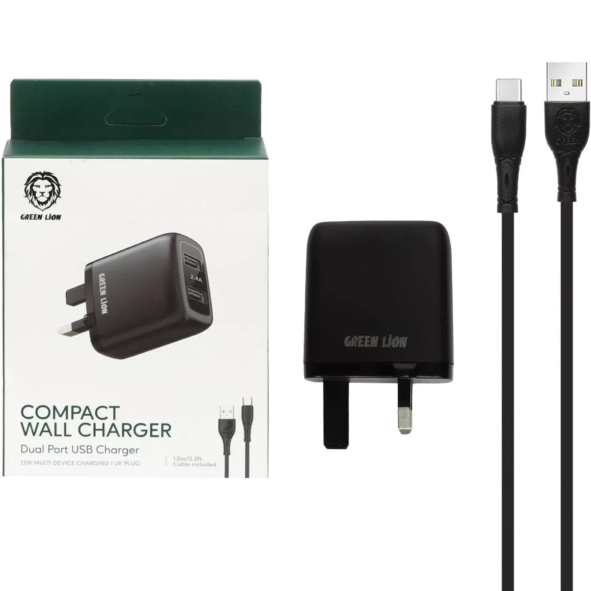 شاحن جرين لايون ثنائي المنفذ بقدرة 12 واط مع كيبل يو اس بي اي الى تايب سي بطول 1.2 متر - اسود | Green Lion Dual USB Port Wall Charger 12W UK with PVC Type-C Cable 1.2M – Black