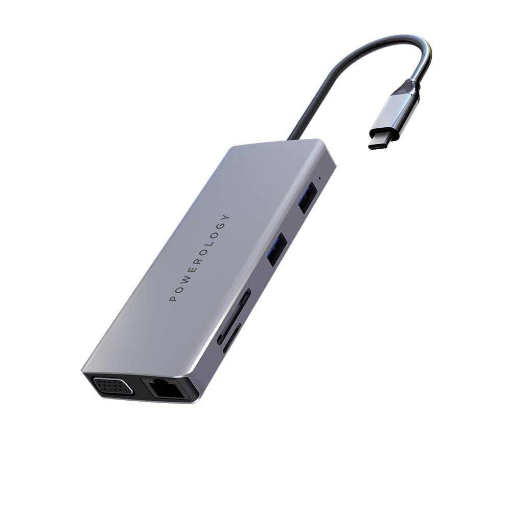Powerology 11 in 1 USB-C Hub Gray - محوّل باورولوجي 11 في 1 تايب سي منافذ متعددة وكفاءة عالية