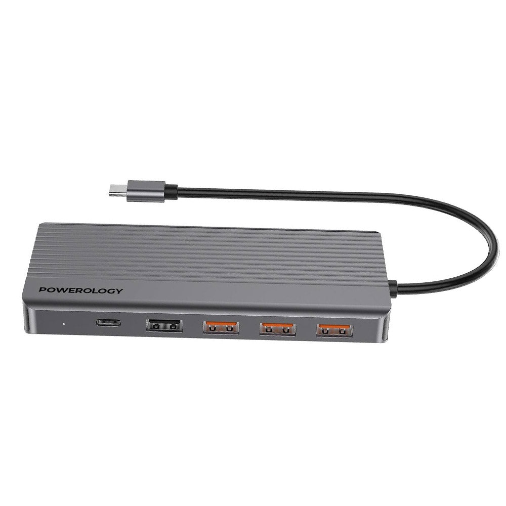 موزع باورولوجي 13 في 1, منفذ HDMI, USB, SD, Micro SD, ايثرنت ومنفذ صوت 3.5 ملم - رمادي | Powerology 13in1 USB-C Hub 4K HDMI Type-C 100W PD Ethernet USB SD MicroSD 3.5mm AUX – Dark Grey