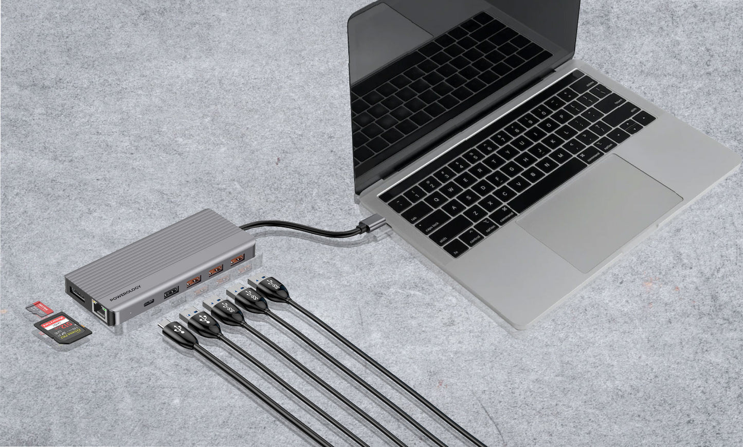 موزع باورولوجي 13 في 1, منفذ HDMI, USB, SD, Micro SD, ايثرنت ومنفذ صوت 3.5 ملم - رمادي | Powerology 13in1 USB-C Hub 4K HDMI Type-C 100W PD Ethernet USB SD MicroSD 3.5mm AUX – Dark Grey