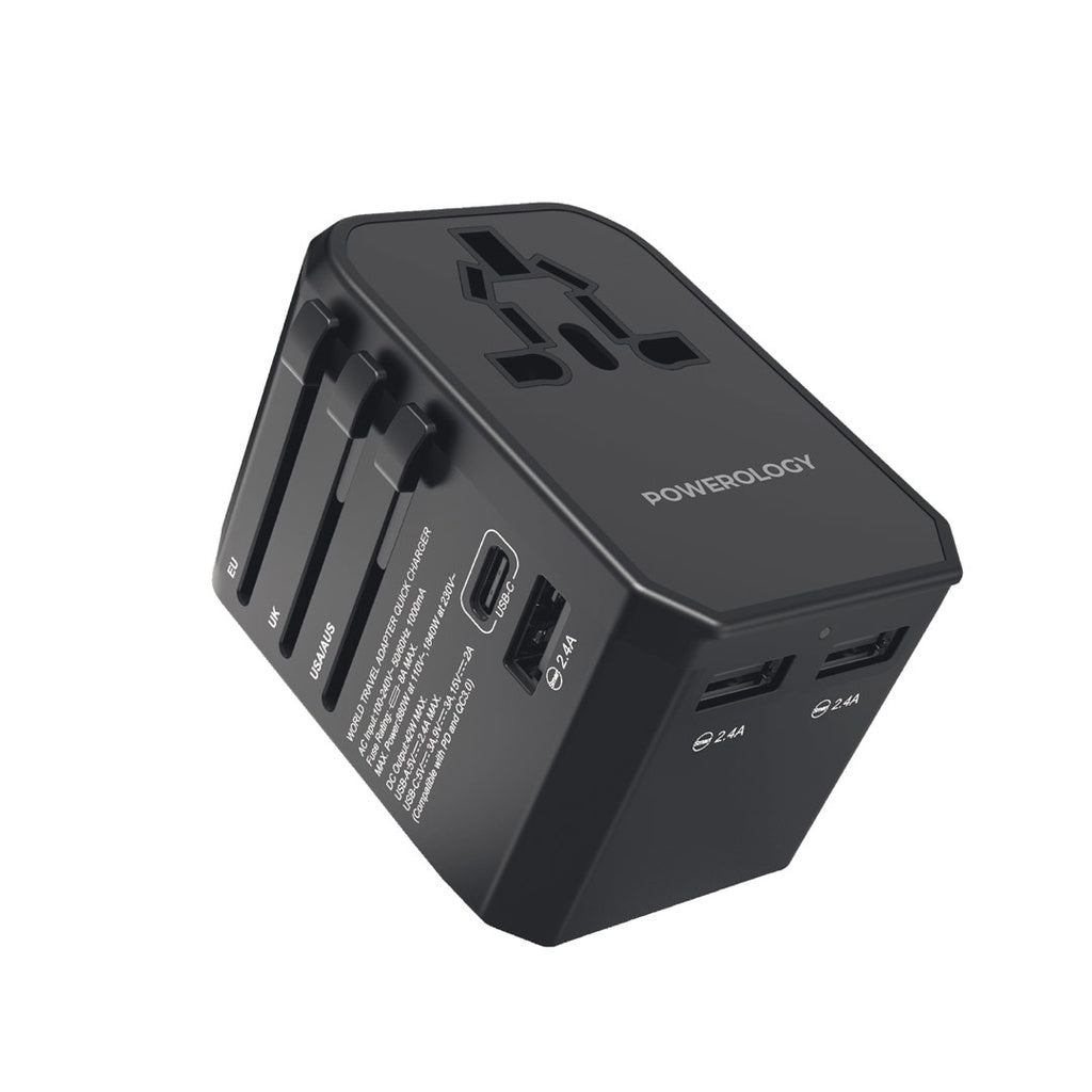 Powerology Universal Travel Charger 45W PD with Triple USB-A - شاحن باورلوجي العالمي بمدخل تايب سي وثلاثة USB-A