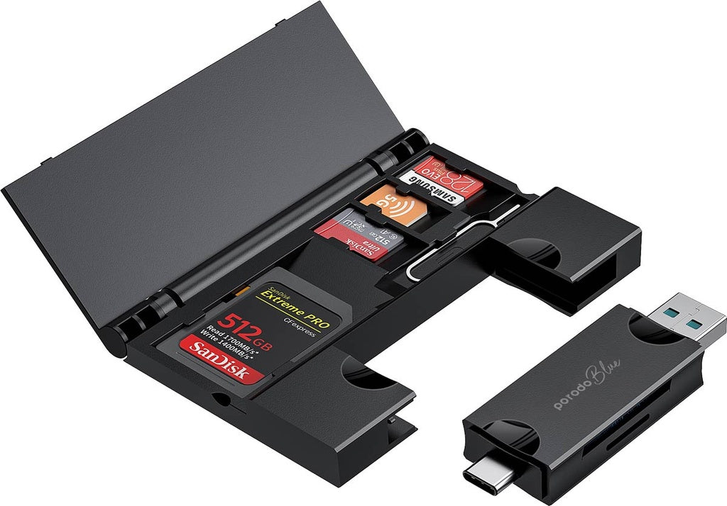 قارئ بطاقات بورودو بلو 2 في 1 مع حامل بطاقات - اسود | Porodo Blue 2 in 1 Card Reader with Card Holder – Black