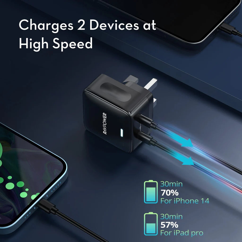 شاحن جدار بقدرة 30 واط بمنفذين تايب سي 20واط +18واط من راف باور - RAVPower PD Pioneer Wall Charger 35 Watts-2-Port