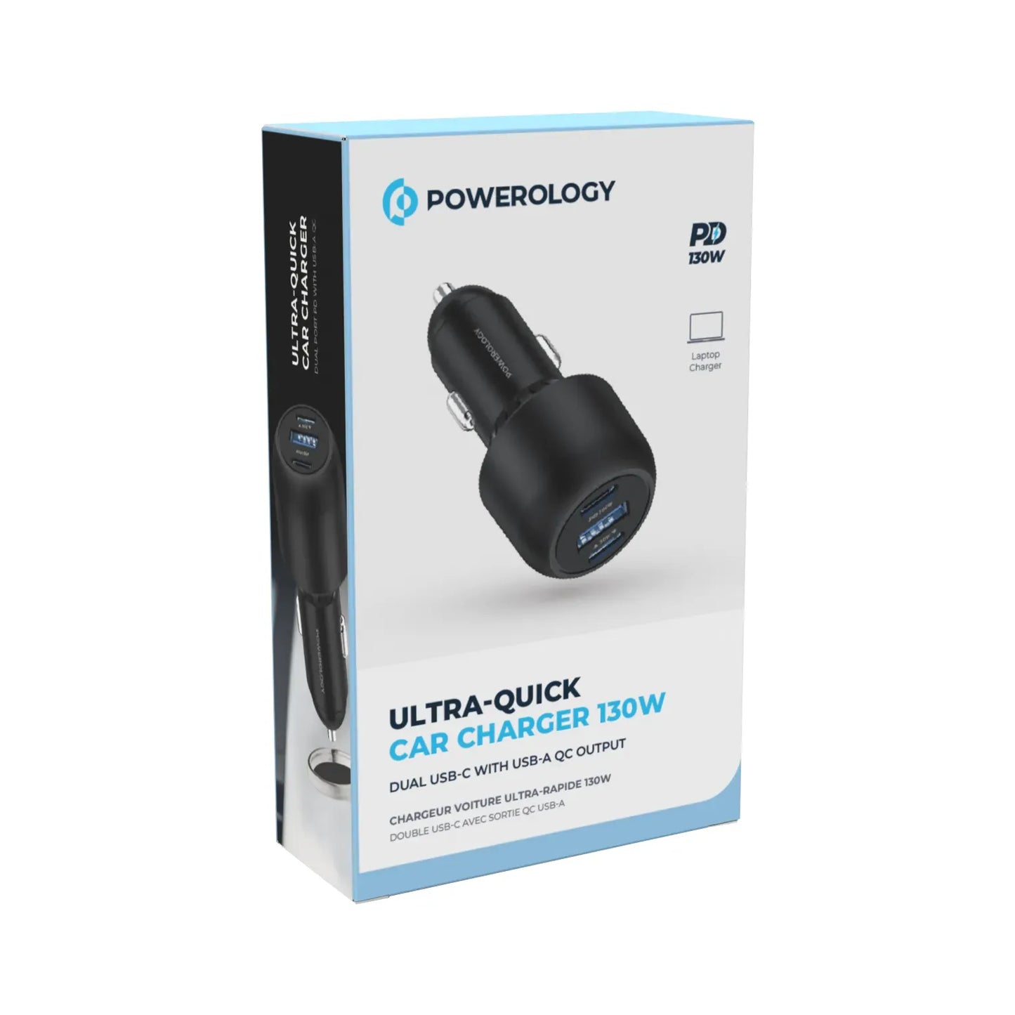 شاحن سيارة باورولوجي بقدرة 130 واط مع منفذي PD ومنفذ يو اس بي اي - اسود | Powerology 130W X2 PD Port & X1 Q.C Port – Black.