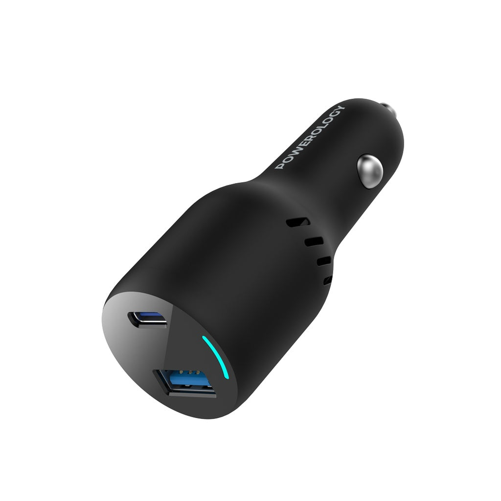 شاحن سيارة باورولوجي 65 واط بمنفذين واضائة LED - اسود | Powerology 65W PD + QC3.0 LED Dual Ports Car Charger – Black