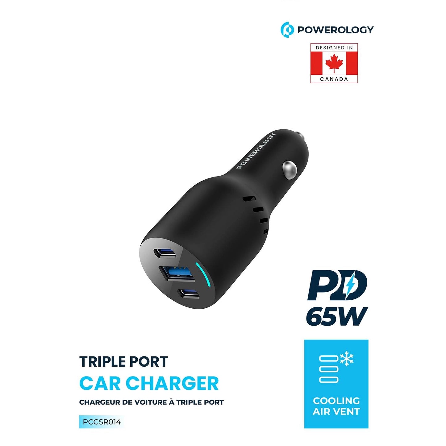 شاحن سيارة باورولوجي بمنفذين يو اس بي سي بقدرة 65 و 20 واط و منفذ يو اس بي اي بقدرة 18 واط | Powerology PD65W + PD20W + QC18W LED Triple Ports Car Charger.