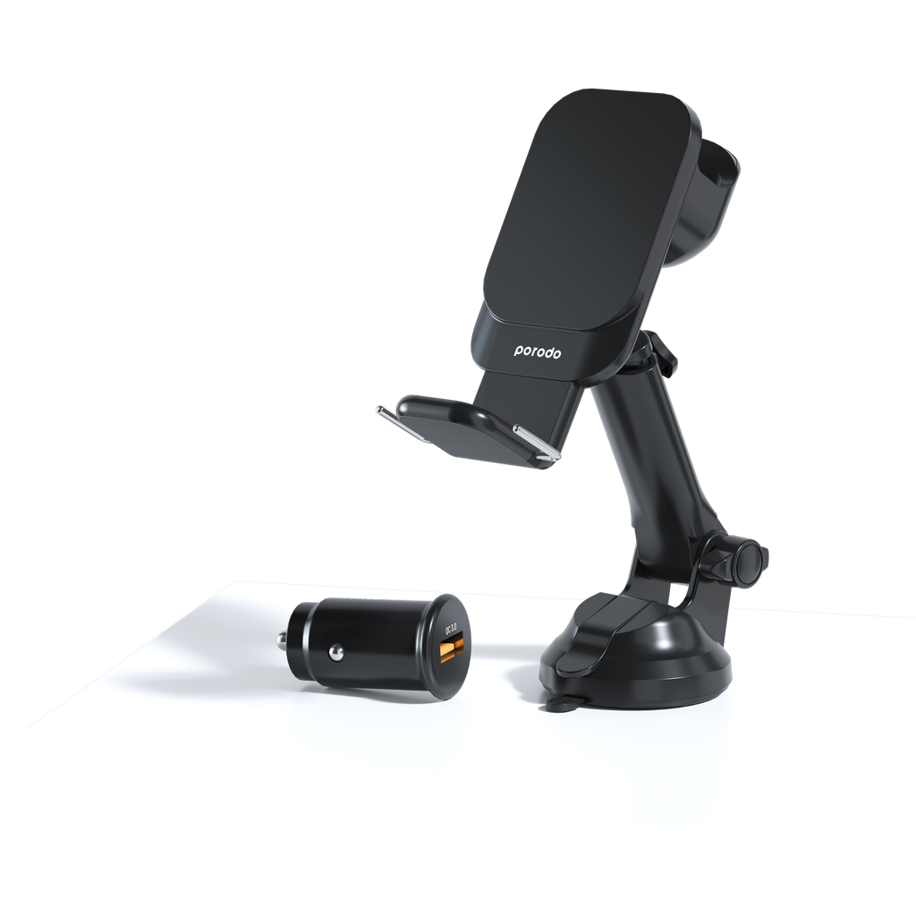 بورودو حامل هاتف للسيارة 3 في 1 مع شاحن ماج سيف - اسود | Porodo 3 in 1 MagSafe Car Mount with QC3.0 Car Charger - Black