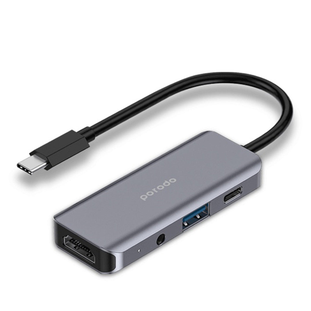 موزع يو اس بي بورودو 4 في 1 بمنفذ يو اس بي سي, دعم PD 100 واط | Porodo 4in1 USB-C Hub with PD 100W, HDMI, USB 3.0 & 3.5mm AUX.